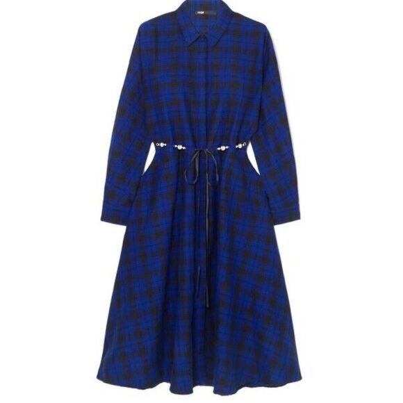 Maje Dress Rebel Belted Check Flannel Midi Blue Black Long Sleeve Button… - Picture 1 of 12